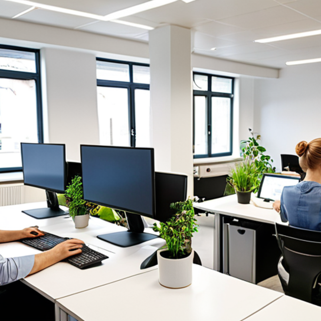 **Prompt:** A diverse group of German office workers collaborating in a modern, brightly lit open-plan office. Some are using ergonomic workstations with adjustable desks, while others are participating in a team meeting with a large screen displaying a presentation on work-life integration. The overall atmosphere is positive and focused on well-being, with plants and natural light contributing to a healthy work environment. A collaborative robot ("Cobot") assisting with a task in the background.