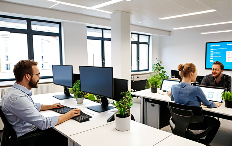 **Prompt:** A diverse group of German office workers collaborating in a modern, brightly lit open-plan office. Some are using ergonomic workstations with adjustable desks, while others are participating in a team meeting with a large screen displaying a presentation on work-life integration. The overall atmosphere is positive and focused on well-being, with plants and natural light contributing to a healthy work environment. A collaborative robot ("Cobot") assisting with a task in the background.