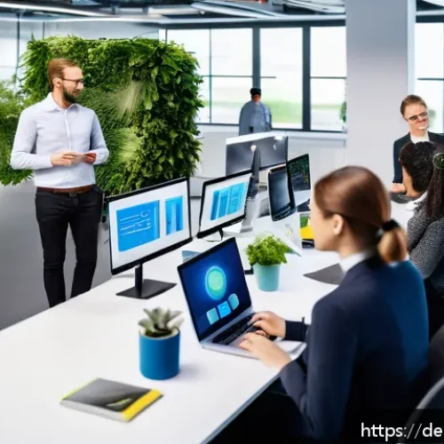 Home 32 작업 자동화가 인간의 직업에 미치는 영향 - A modern German office environment showing a diverse group of professionals engaged in collaborative...