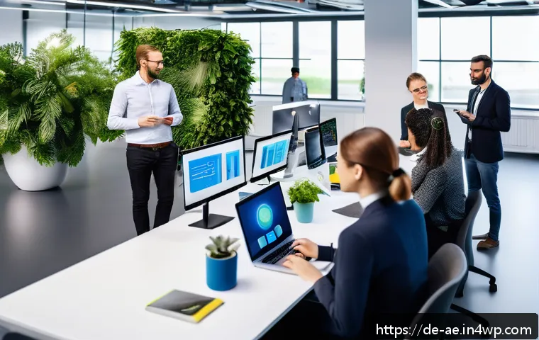 작업 자동화가 인간의 직업에 미치는 영향 - A modern German office environment showing a diverse group of professionals engaged in collaborative...