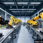 Home 19 작업 자동화가 기업 혁신에 미치는 영향 - A modern German mid-sized manufacturing plant interior, showcasing a sleek production line with adva...