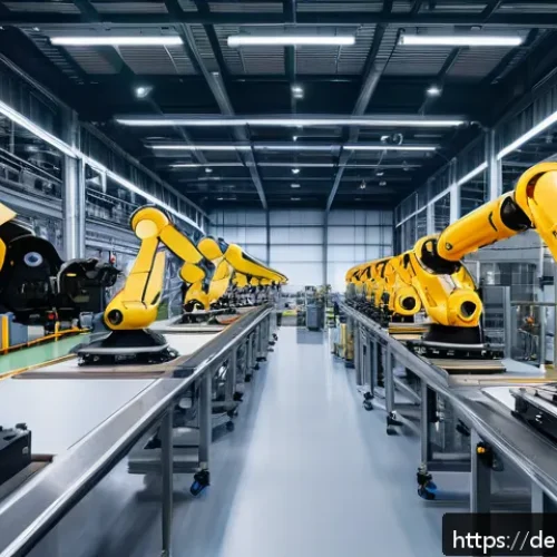 Home 31 작업 자동화가 기업 혁신에 미치는 영향 - A modern German mid-sized manufacturing plant interior, showcasing a sleek production line with adva...