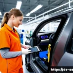 Home 23 인간의 노동이 자동화와 함께 진화하는 방식 - Photorealistic modern German automotive factory near Stuttgart, a skilled female technician in pract...