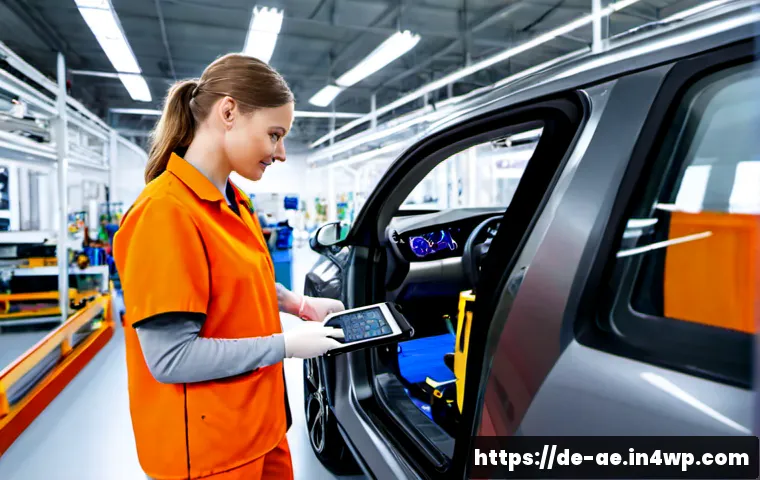 Home 17 인간의 노동이 자동화와 함께 진화하는 방식 - Photorealistic modern German automotive factory near Stuttgart, a skilled female technician in pract...
