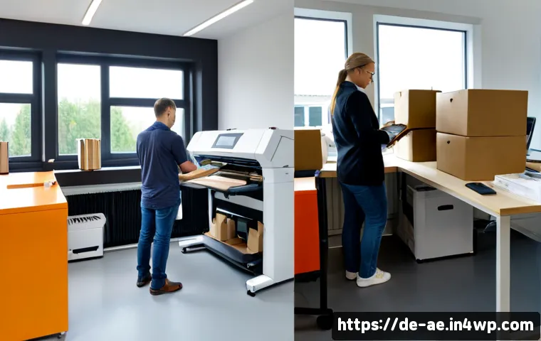 자동화 도구 사용의 장단점 비교 - Photorealistic split-scene comparison in a modern German small business office: on the left, an auto...